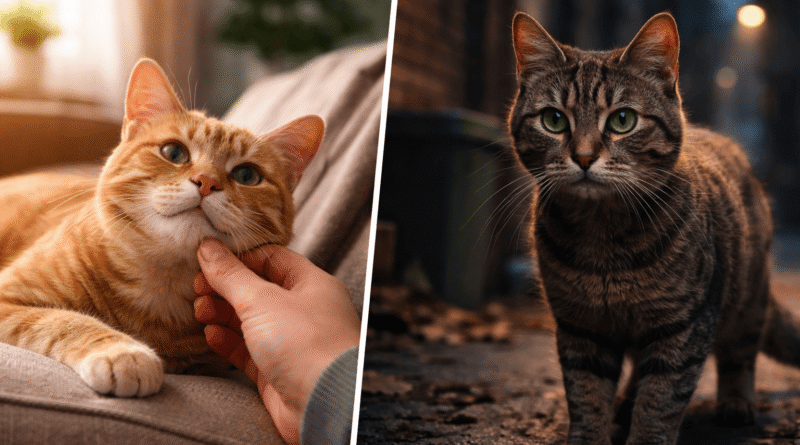 Comparison between a relaxed domesticated house cat interacting with a human and a cautious feral cat surviving outdoors.