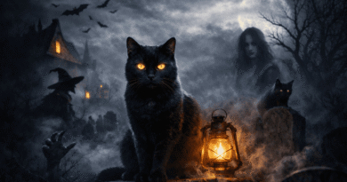 Black cat with glowing eyes sitting in a haunted graveyard with lantern and full moon representing cat symbolism in horror movies.
