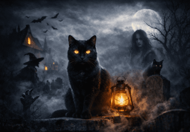 Black cat with glowing eyes sitting in a haunted graveyard with lantern and full moon representing cat symbolism in horror movies.