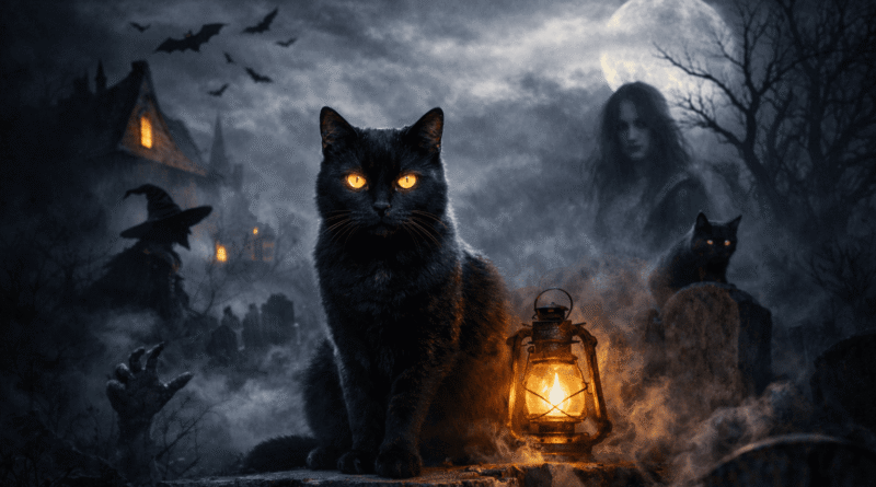 Black cat with glowing eyes sitting in a haunted graveyard with lantern and full moon representing cat symbolism in horror movies.