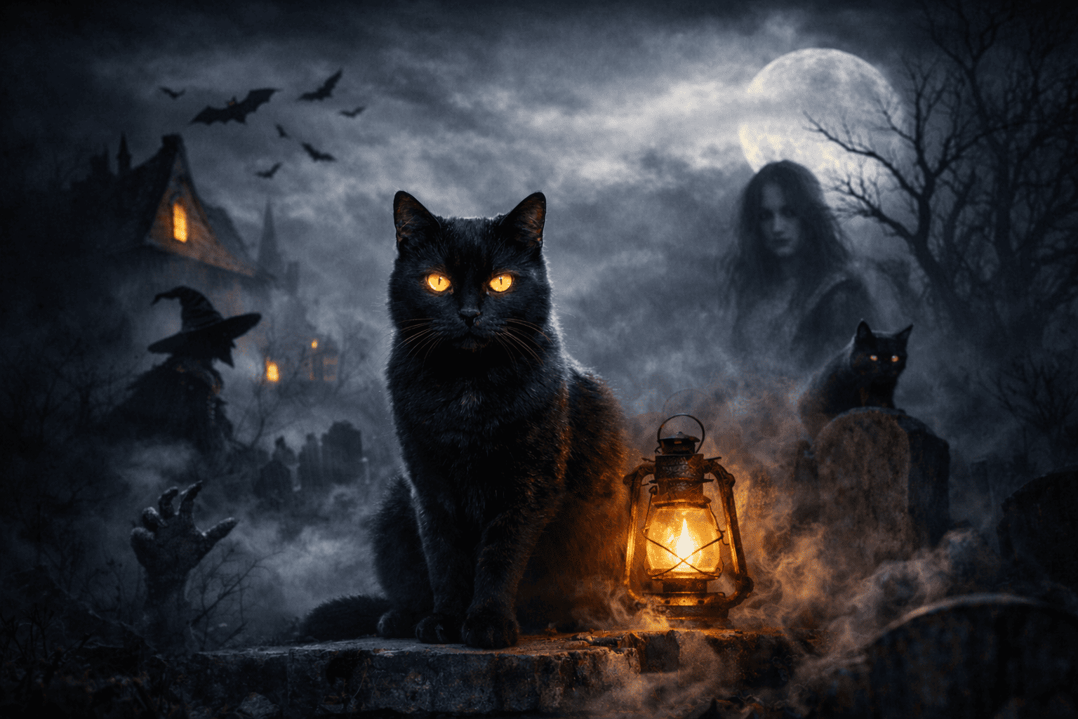 Black cat with glowing eyes sitting in a haunted graveyard with lantern and full moon representing cat symbolism in horror movies.