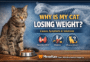 Thin cat losing weight sitting near food bowl showing visible ribs and signs of illness