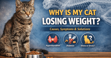 Thin cat losing weight sitting near food bowl showing visible ribs and signs of illness