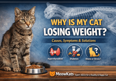 Thin cat losing weight sitting near food bowl showing visible ribs and signs of illness
