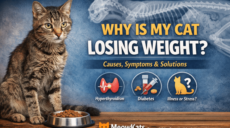 Thin cat losing weight sitting near food bowl showing visible ribs and signs of illness