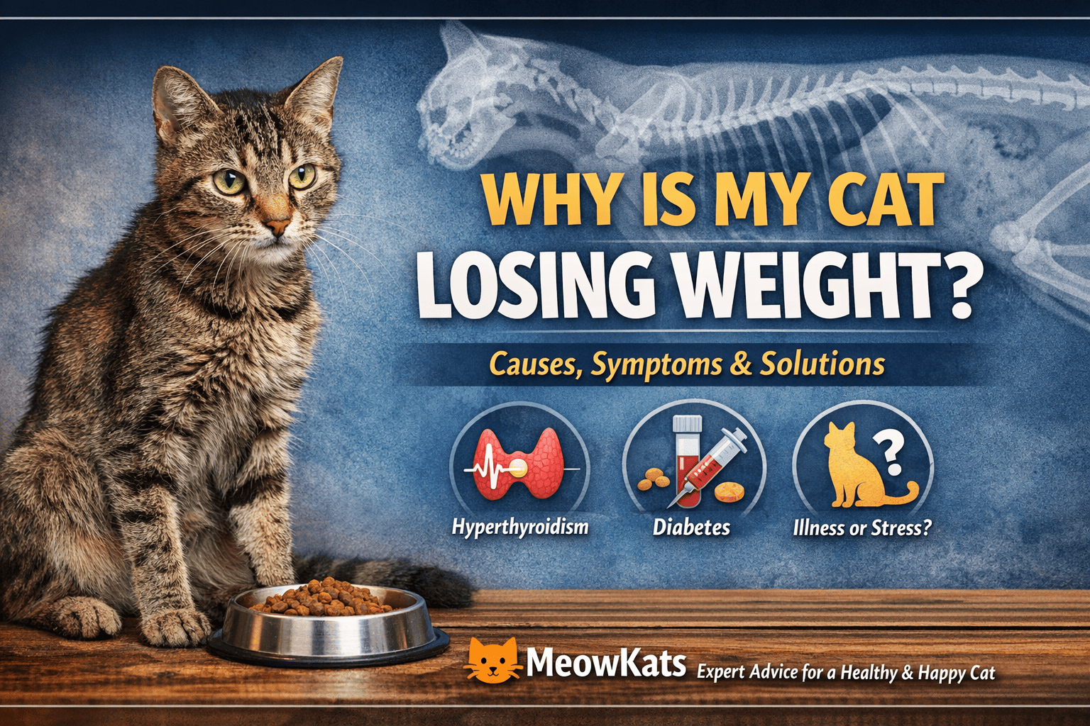 Thin cat losing weight sitting near food bowl showing visible ribs and signs of illness