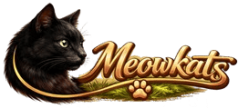 Realistic Meowkats logo featuring a black cat with green eyes and elegant golden typography on a clean background.