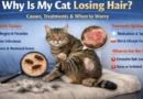 Infographic showing a cat with hair loss, common causes of feline alopecia, and warning signs that require a vet visit.