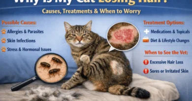 Infographic showing a cat with hair loss, common causes of feline alopecia, and warning signs that require a vet visit.
