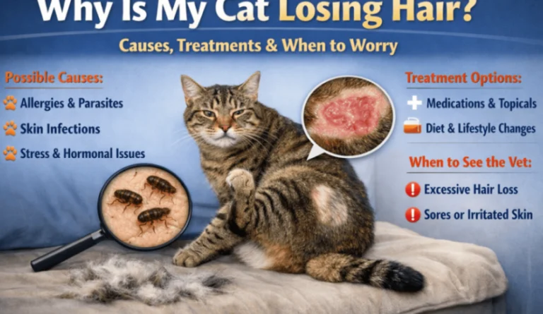 Infographic showing a cat with hair loss, common causes of feline alopecia, and warning signs that require a vet visit.