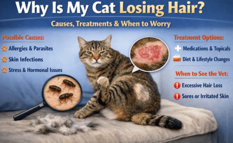 Infographic showing a cat with hair loss, common causes of feline alopecia, and warning signs that require a vet visit.