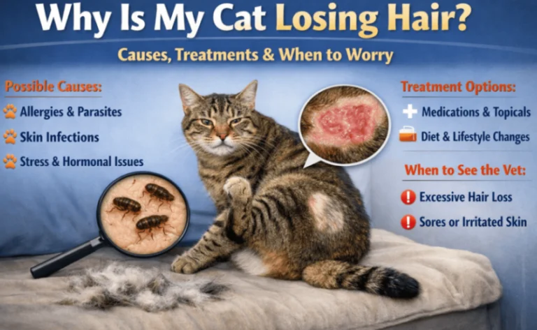 Infographic showing a cat with hair loss, common causes of feline alopecia, and warning signs that require a vet visit.