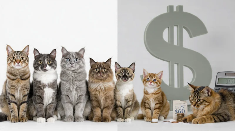 7 cheapest cat breeds 2026 banner showing Domestic Shorthair, American Shorthair, British Shorthair, Ragdoll Mix, Scottish Fold Mix, Burmese, Abyssinian with $25-$60 monthly cost budget