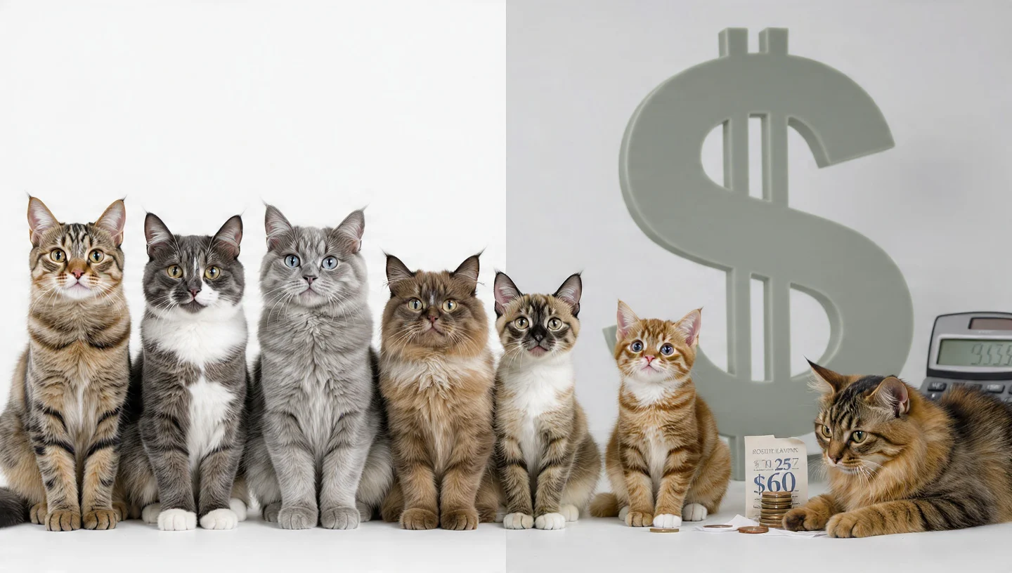 7 cheapest cat breeds 2026 banner showing Domestic Shorthair, American Shorthair, British Shorthair, Ragdoll Mix, Scottish Fold Mix, Burmese, Abyssinian with $25-$60 monthly cost budget