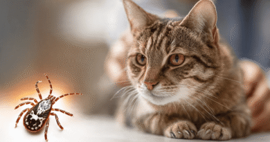 Cat showing Bobcat Fever symptoms with pale gums and lethargy, alongside detailed Lone Star tick Amblyomma americanum vector, 2026 veterinary warning guide