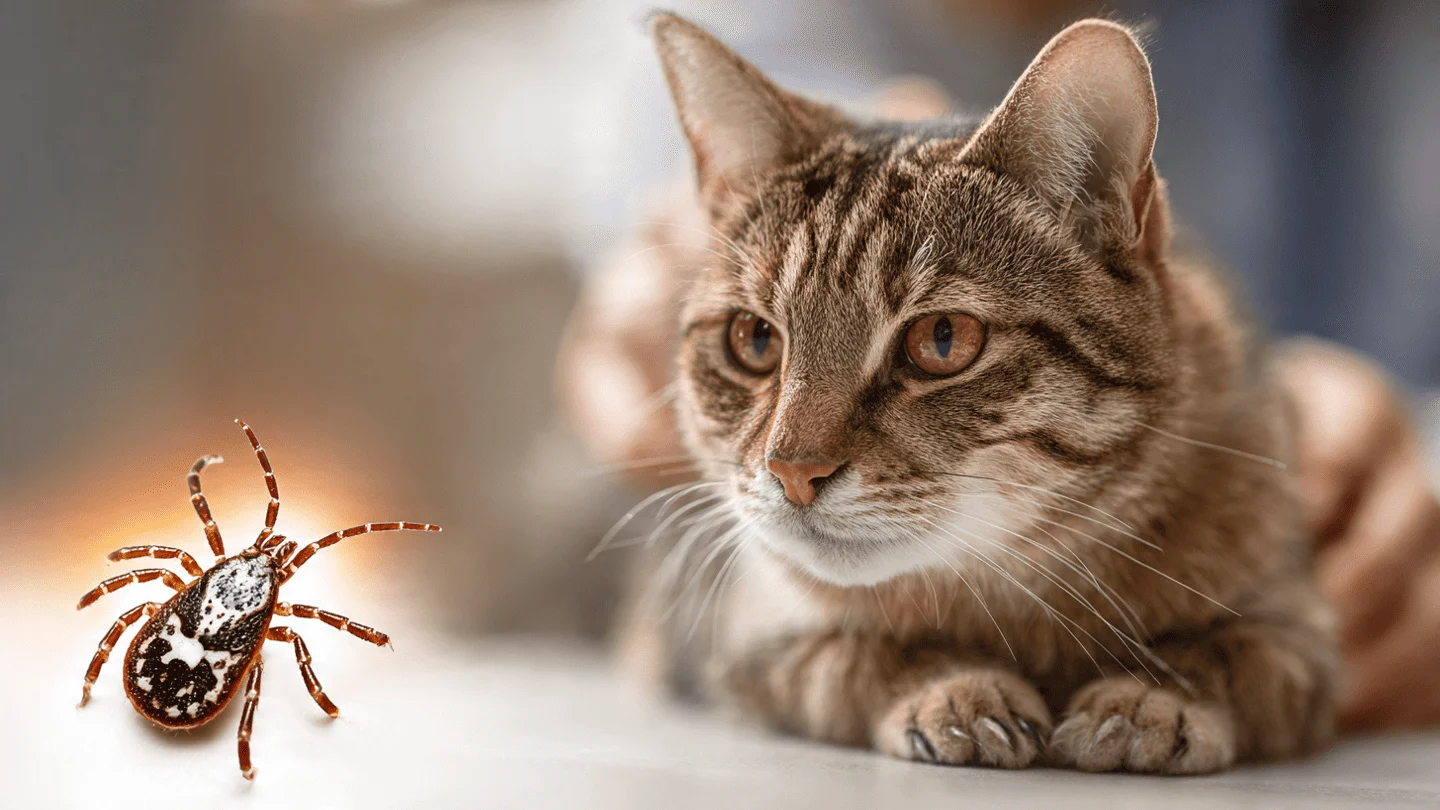 Cat showing Bobcat Fever symptoms with pale gums and lethargy, alongside detailed Lone Star tick Amblyomma americanum vector, 2026 veterinary warning guide