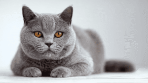 British Shorthair blue gray cat close-up copper orange eyes dense plush coat calm temperament budget breed 2026 $35-$50 month