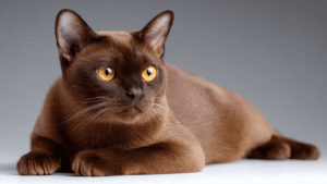 Burmese cat sable brown coat close-up gold yellow eyes muscular compact body short coat budget breed 2026 $35-$50 month