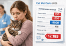 Woman holding tabby cat at vet clinic with veterinary invoice showing cat vet costs 2026 total $2185 for examination blood tests surgery