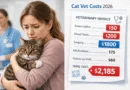 Woman holding tabby cat at vet clinic with veterinary invoice showing cat vet costs 2026 total $2185 for examination blood tests surgery