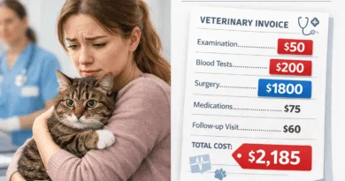 Woman holding tabby cat at vet clinic with veterinary invoice showing cat vet costs 2026 total $2185 for examination blood tests surgery