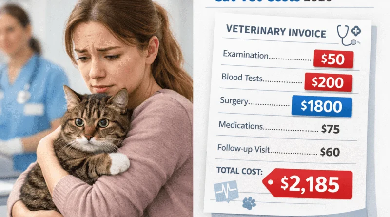 Woman holding tabby cat at vet clinic with veterinary invoice showing cat vet costs 2026 total $2185 for examination blood tests surgery