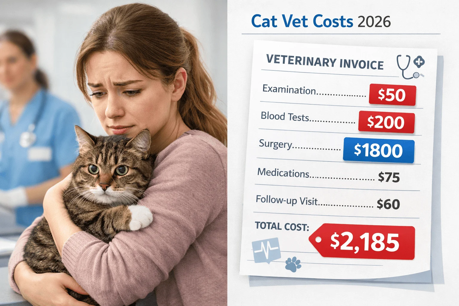Woman holding tabby cat at vet clinic with veterinary invoice showing cat vet costs 2026 total $2185 for examination blood tests surgery