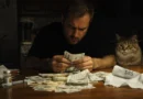 Stressed cat owner counting money at kitchen table with $85 veterinary vaccine bill and healthy cat watching. Shows high cost of cat vaccinations vs affordable $15 clinics in 2026