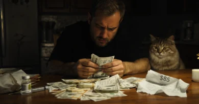 Stressed cat owner counting money at kitchen table with $85 veterinary vaccine bill and healthy cat watching. Shows high cost of cat vaccinations vs affordable $15 clinics in 2026
