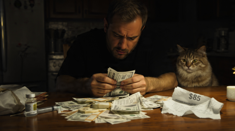 Stressed cat owner counting money at kitchen table with $85 veterinary vaccine bill and healthy cat watching. Shows high cost of cat vaccinations vs affordable $15 clinics in 2026