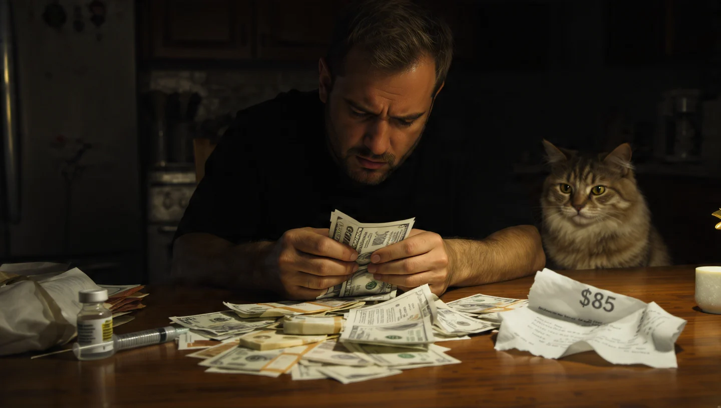 Stressed cat owner counting money at kitchen table with $85 veterinary vaccine bill and healthy cat watching. Shows high cost of cat vaccinations vs affordable $15 clinics in 2026