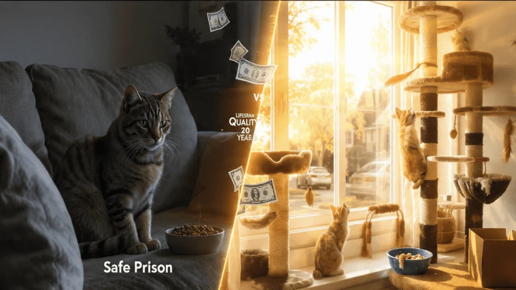 Depressed indoor cat 2026 USA looking through window with reflection of vet bill cost 2500 dollars, ugly truth about indoor cat misery and real cost cat owners pay for indoor vs outdoor life