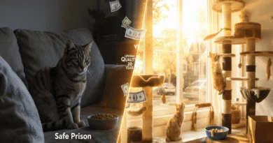Depressed indoor cat 2026 USA looking through window with reflection of vet bill cost 2500 dollars, ugly truth about indoor cat misery and real cost cat owners pay for indoor vs outdoor life