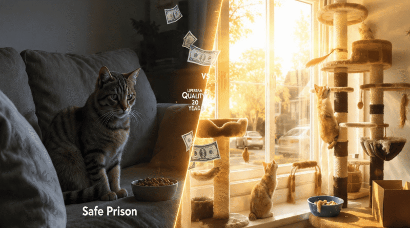 Depressed indoor cat 2026 USA looking through window with reflection of vet bill cost 2500 dollars, ugly truth about indoor cat misery and real cost cat owners pay for indoor vs outdoor life