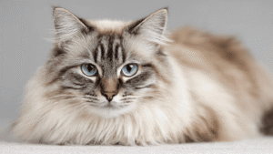 Ragdoll mix cat close-up blue eyes semi-long silky coat colorpoint pattern gentle giant budget breed 2026 $40-$60 month