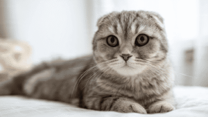Scottish Fold mix cat close-up folded ears round face brown tabby coat large round eyes gentle temperament budget breed 2026 $35-$50