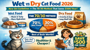 Wet vs dry cat food 2026 infographic showing 70/30 feeding method with 70% wet food for hydration and 30% dry kibble to save 500 dollars per year on vet bills