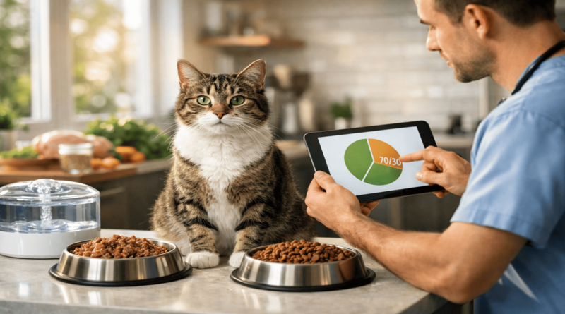 Wet vs Dry Cat Food 2026 infographic showing 70% wet food and 30% dry food 70/30 method, vet guidelines, kidney health benefits and $500 yearly savings.