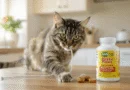 8 year old tabby cat with shiny coat sitting next to Zesty Paws Multivitamin Bites jar for cats on kitchen counter - review 2026