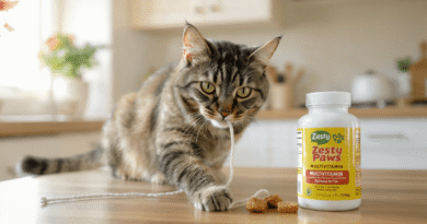 8 year old tabby cat with shiny coat sitting next to Zesty Paws Multivitamin Bites jar for cats on kitchen counter - review 2026