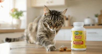8 year old tabby cat with shiny coat sitting next to Zesty Paws Multivitamin Bites jar for cats on kitchen counter - review 2026