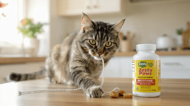 8 year old tabby cat with shiny coat sitting next to Zesty Paws Multivitamin Bites jar for cats on kitchen counter - review 2026