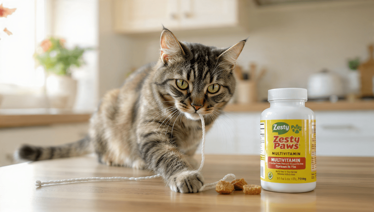 8 year old tabby cat with shiny coat sitting next to Zesty Paws Multivitamin Bites jar for cats on kitchen counter - review 2026