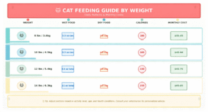 cat feeding guide by weight 2026 table showing 70/30 method daily portions for 8lbs 10lbs 12lbs 14lbs cats with wet food oz dry food cups calories and monthly cost range
