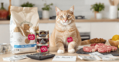 Orange tabby cat sitting with dry kibble bag $15, wet food cans $50, raw meat, calculator and dollar bills showing cat food cost per month USA 2026