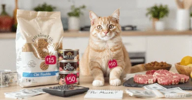 Orange tabby cat sitting with dry kibble bag $15, wet food cans $50, raw meat, calculator and dollar bills showing cat food cost per month USA 2026