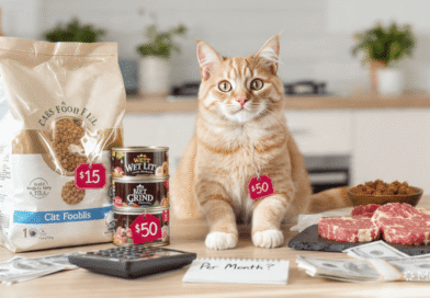 Orange tabby cat sitting with dry kibble bag $15, wet food cans $50, raw meat, calculator and dollar bills showing cat food cost per month USA 2026