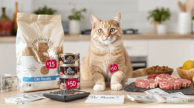 Orange tabby cat sitting with dry kibble bag $15, wet food cans $50, raw meat, calculator and dollar bills showing cat food cost per month USA 2026