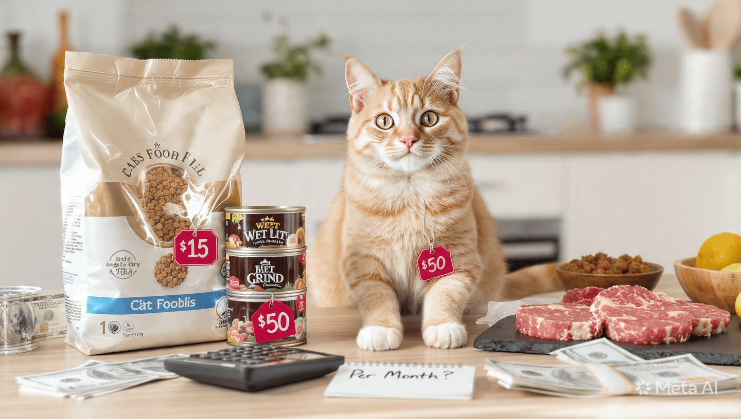 Orange tabby cat sitting with dry kibble bag $15, wet food cans $50, raw meat, calculator and dollar bills showing cat food cost per month USA 2026