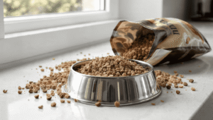 Stainless steel bowl filled with dry cat kibble spilling from open bag on white kitchen counter near window 2026